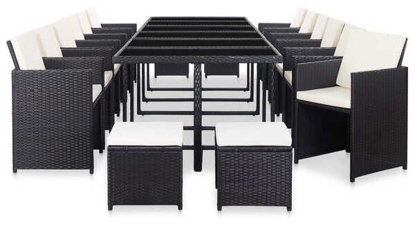 17 részes fekete polyrattan kültéri étkezőszett párnákkal