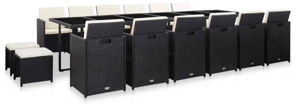17 részes fekete polyrattan kültéri étkezőszett párnákkal