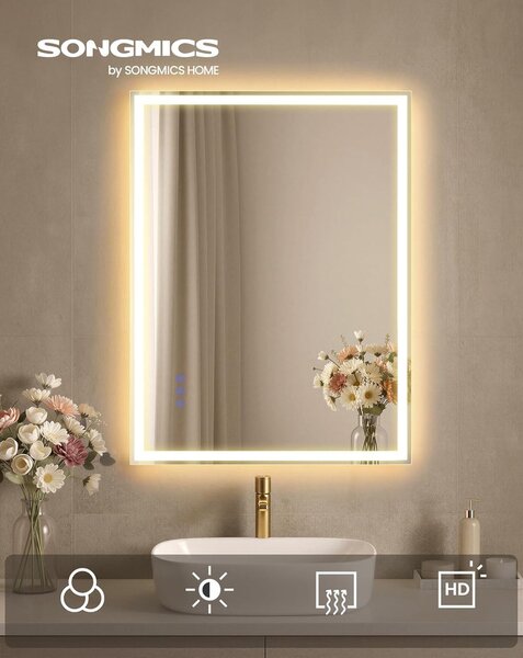 SONGMICS LED-es fürdőszobai tükör, 71x51 cm, páramentesítő funkció, fehér