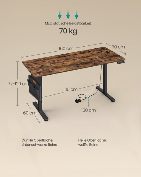 SONGMICS állítható magasságú íróasztal (72–120 cm), 4 menthető pozíció, 160 cm