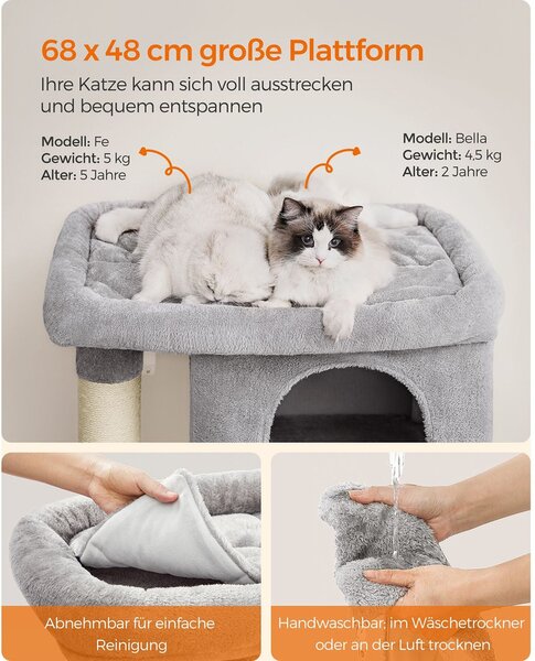 Feandrea XL macskavár (101 cm), 2 barlanggal és kilátóval, 20 kg-ig, világosszürke