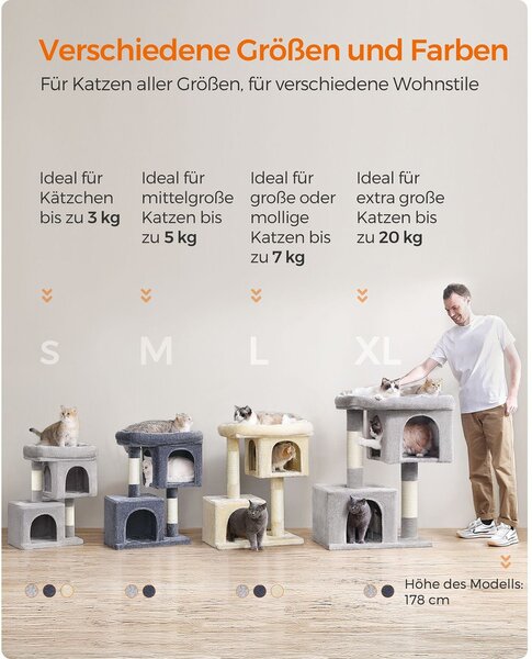 Feandrea XL macskavár (101 cm), 2 barlanggal és kilátóval, 20 kg-ig, világosszürke