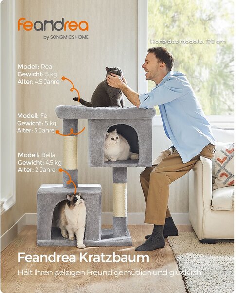Feandrea XL macskavár (101 cm), 2 barlanggal és kilátóval, 20 kg-ig, világosszürke
