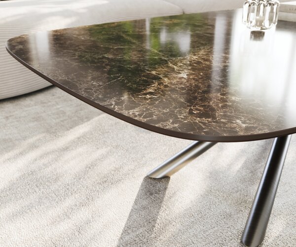 DELIFE Dohányzóasztal Edge hajóformájú 140x80 cm Laminam® Emperador kerámia extra fényes sötétbarna Sarity rozsdamentes acél szálcsiszolt
