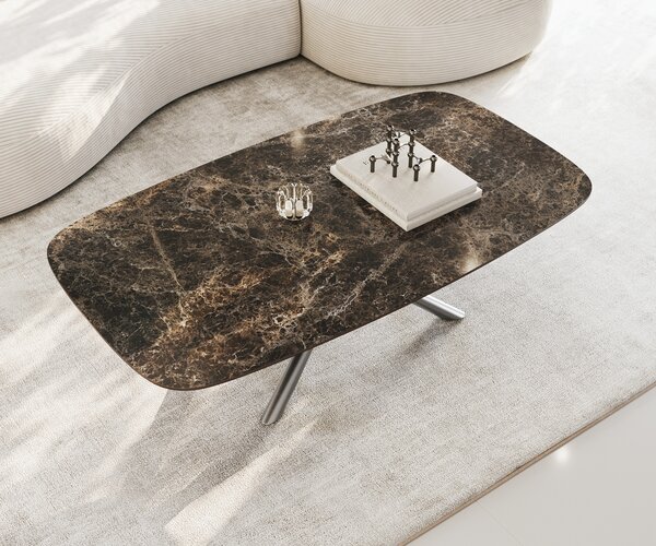 DELIFE Dohányzóasztal Edge hajóformájú 140x80 cm Laminam® Emperador kerámia extra fényes sötétbarna Sarity rozsdamentes acél szálcsiszolt