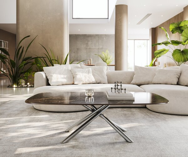 DELIFE Dohányzóasztal Edge hajóformájú 140x80 cm Laminam® Emperador kerámia extra fényes sötétbarna Sarity rozsdamentes acél szálcsiszolt