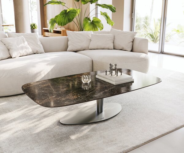 DELIFE Dohányzóasztal Edge hajóformájú 140x80 cm Laminam® Emperador kerámia extra fényes sötétbarna Vibany rozsdamentes acél szálcsiszolt