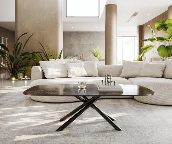 DELIFE Dohányzóasztal Edge hajóformájú 140x80 cm Laminam® Emperador Extra Lucidato kerámia sötétbarna Sarity fém fekete