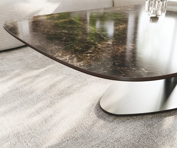 DELIFE Dohányzóasztal Edge hajóformájú 140x80 cm Laminam® Emperador kerámia extra fényes sötétbarna Vibany rozsdamentes acél szálcsiszolt