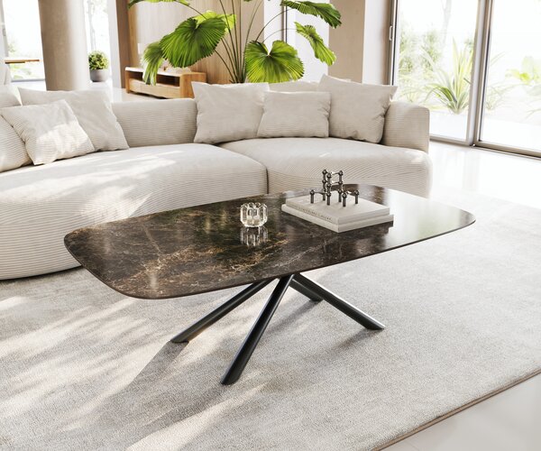 DELIFE Dohányzóasztal Edge hajóformájú 140x80 cm Laminam® Emperador Extra Lucidato kerámia sötétbarna Sarity fém fekete