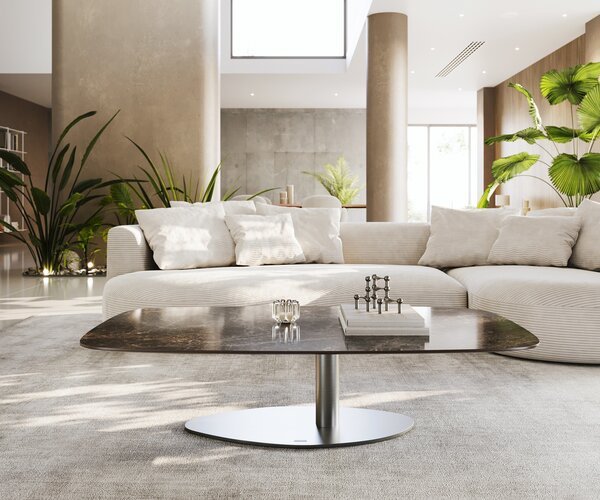 DELIFE Dohányzóasztal Edge hajóformájú 140x80 cm Laminam® Emperador kerámia extra fényes sötétbarna Vibany rozsdamentes acél szálcsiszolt