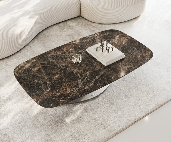 DELIFE Dohányzóasztal Edge hajóformájú 140x80 cm Laminam® Emperador kerámia extra fényes sötétbarna Vibany rozsdamentes acél szálcsiszolt
