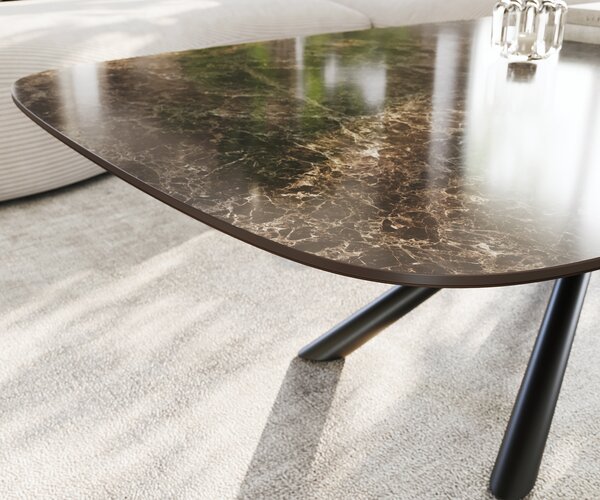 DELIFE Dohányzóasztal Edge hajóformájú 140x80 cm Laminam® Emperador Extra Lucidato kerámia sötétbarna Sarity fém fekete