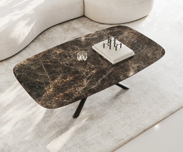 DELIFE Dohányzóasztal Edge hajóformájú 140x80 cm Laminam® Emperador Extra Lucidato kerámia sötétbarna Sarity fém fekete