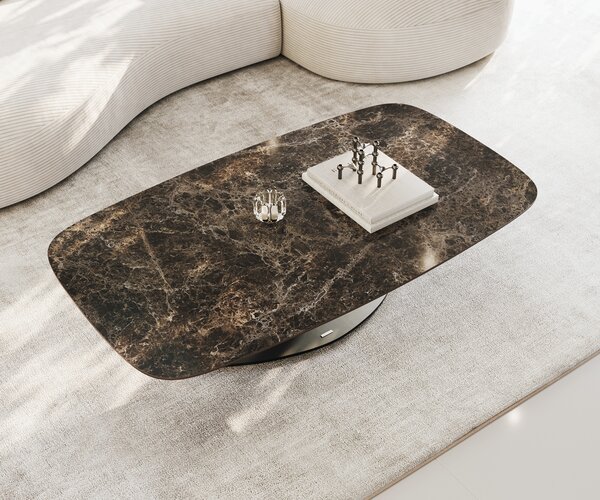 DELIFE Dohányzóasztal Edge hajóformájú 140x80 cm Laminam® Emperador extra polírozott sötétbarna Vibany fém fekete
