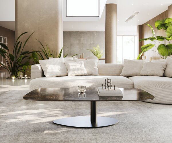 DELIFE Dohányzóasztal Edge hajóformájú 140x80 cm Laminam® Emperador extra polírozott sötétbarna Vibany fém fekete