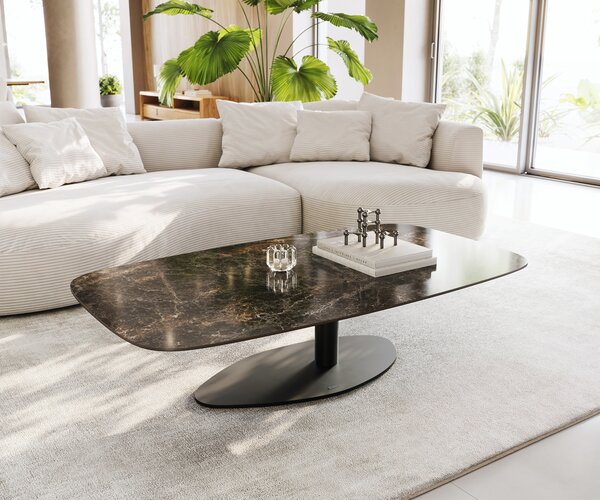 DELIFE Dohányzóasztal Edge hajóformájú 140x80 cm Laminam® Emperador extra polírozott sötétbarna Vibany fém fekete