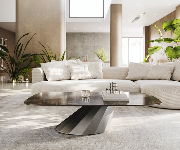 DELIFE Dohányzóasztal Edge hajóformájú 140x80 cm kerámia Laminam® Emperador Extra Lucidato sötétbarna Parabi metál ezüst