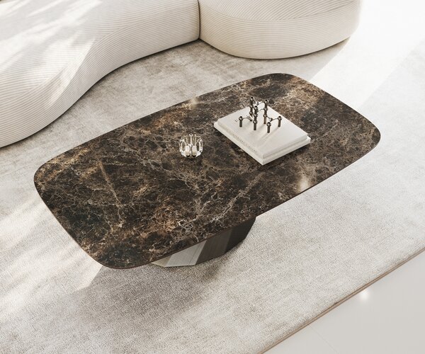 DELIFE Dohányzóasztal Edge hajóformájú 140x80 cm kerámia Laminam® Emperador Extra Lucidato sötétbarna Parabi metál ezüst