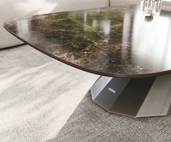 DELIFE Dohányzóasztal Edge hajóformájú 140x80 cm kerámia Laminam® Emperador Extra Lucidato sötétbarna Parabi metál ezüst