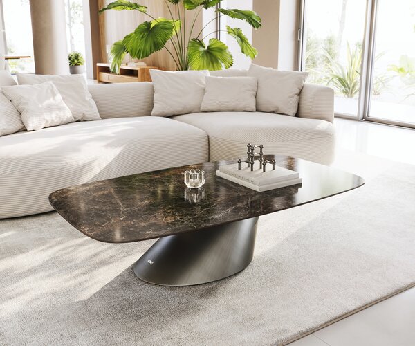 DELIFE Dohányzóasztal Edge hajóformájú 140x80 cm kerámia Laminam® Emperador Extra Lucidato sötétbarna kúpos metál ezüst