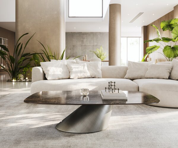 DELIFE Dohányzóasztal Edge hajóformájú 140x80 cm kerámia Laminam® Emperador Extra Lucidato sötétbarna kúpos metál ezüst