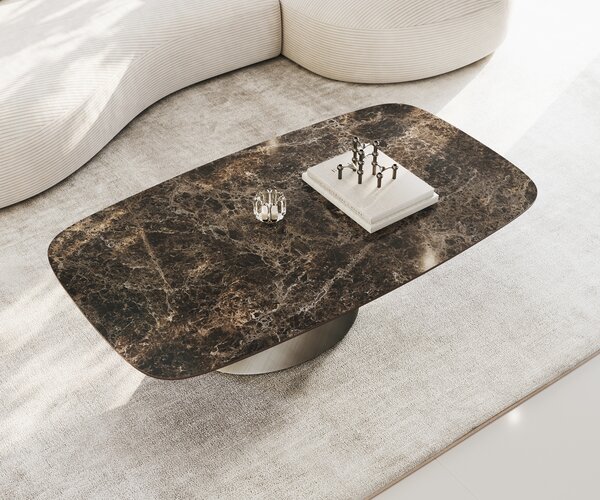 DELIFE Dohányzóasztal Edge hajóformájú 140x80 cm kerámia Laminam® Emperador Extra Lucidato sötétbarna kúpos metál ezüst