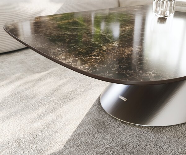 DELIFE Dohányzóasztal Edge hajóformájú 140x80 cm Laminam® kerámia Emperador Extra Lucidato sötétbarna kúpos rozsdamentes acél szálcsiszolt