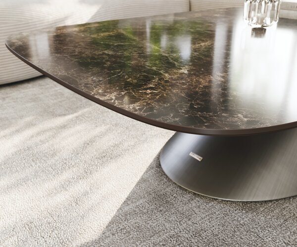 DELIFE Dohányzóasztal Edge hajóformájú 140x80 cm kerámia Laminam® Emperador Extra Lucidato sötétbarna kúpos metál ezüst