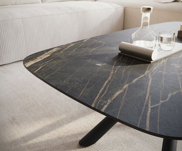 DELIFE Dohányzóasztal Edge hajóformájú 120x70 cm Laminam® kerámia Noir Desir barna Sarity fém fekete