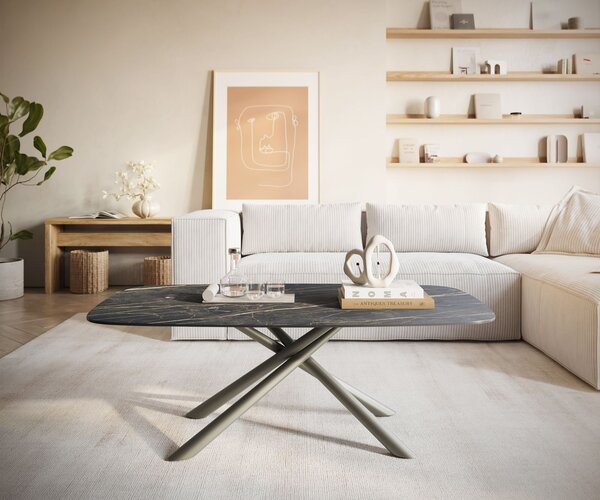 DELIFE Dohányzóasztal Edge hajóformájú 120x70 cm Laminam® kerámia Noir Desir barna Sarity fém titán színű effektfinish