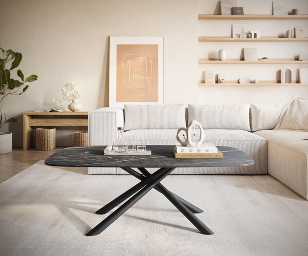 DELIFE Dohányzóasztal Edge hajóformájú 120x70 cm Laminam® kerámia Noir Desir barna Sarity fém fekete