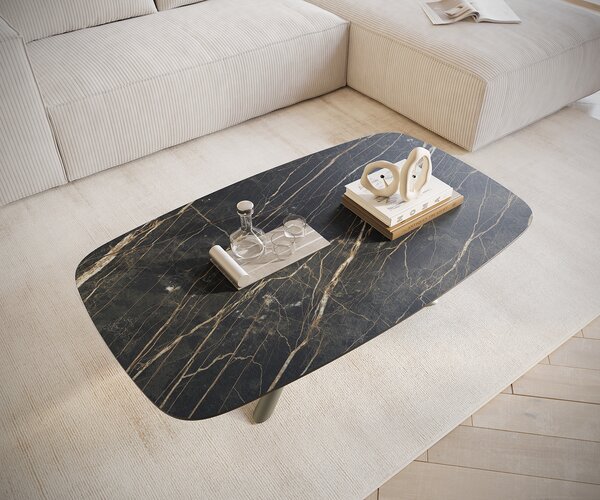 DELIFE Dohányzóasztal Edge hajóformájú 120x70 cm Laminam® kerámia Noir Desir barna Sarity fém titán színű effektfinish