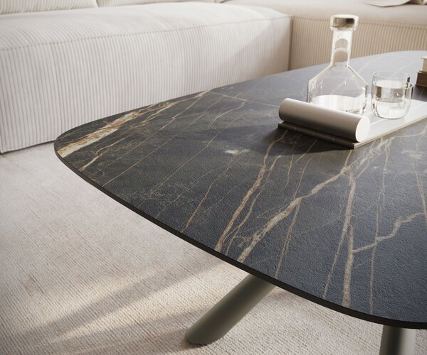 DELIFE Dohányzóasztal Edge hajóformájú 120x70 cm Laminam® kerámia Noir Desir barna Sarity fém titán színű effektfinish
