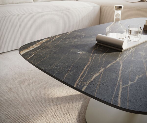 DELIFE Dohányzóasztal Edge hajóformájú 120x70 cm Laminam® kerámia Noir Desir barna Vibany fém titán színű effekt finish