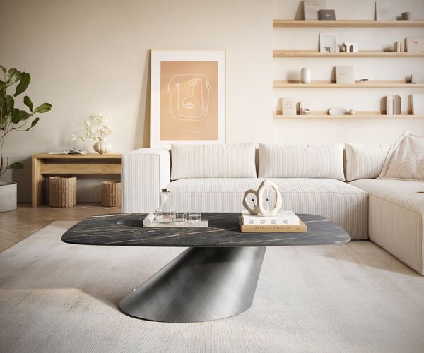 DELIFE Dohányzóasztal Edge hajóformájú 120x70 cm Laminam® kerámia Noir Desir barna Conis metál ezüst