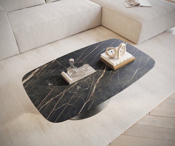 DELIFE Dohányzóasztal Edge hajóformájú 120x70 cm Laminam® kerámia Noir Desir barna Conis metál ezüst