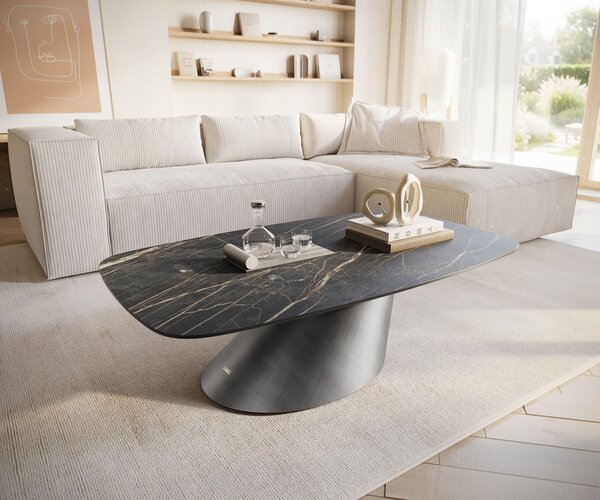 DELIFE Dohányzóasztal Edge hajóformájú 120x70 cm Laminam® kerámia Noir Desir barna Conis metál ezüst