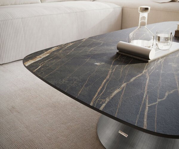 DELIFE Dohányzóasztal Edge hajóformájú 120x70 cm Laminam® kerámia Noir Desir barna Conis metál ezüst