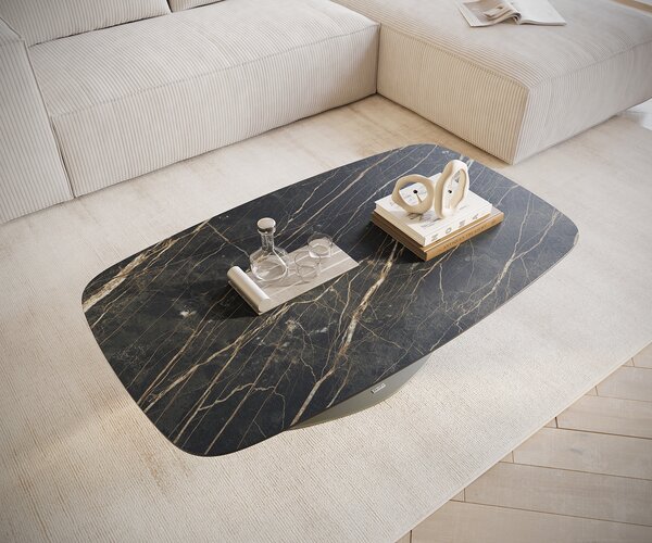 DELIFE Dohányzóasztal Edge hajóformájú 120x70 cm Laminam® kerámia Noir Desir barna Vibany fém titán színű effekt finish