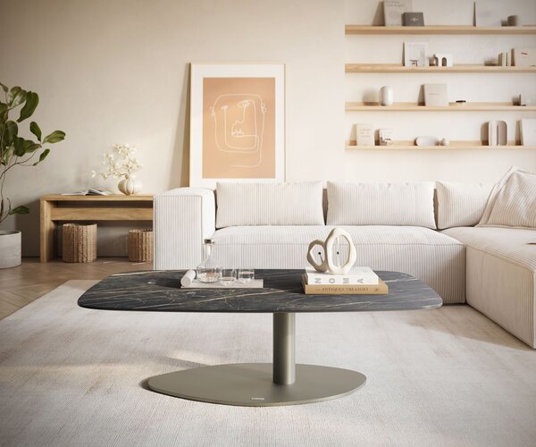 DELIFE Dohányzóasztal Edge hajóformájú 120x70 cm Laminam® kerámia Noir Desir barna Vibany fém titán színű effekt finish