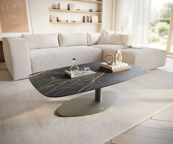 DELIFE Dohányzóasztal Edge hajóformájú 120x70 cm Laminam® kerámia Noir Desir barna Vibany fém titán színű effekt finish