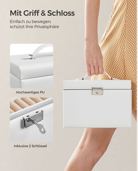 SONGMICS Elegáns Ékszertartó Doboz Tükörrel és Utazótokkal Fehér