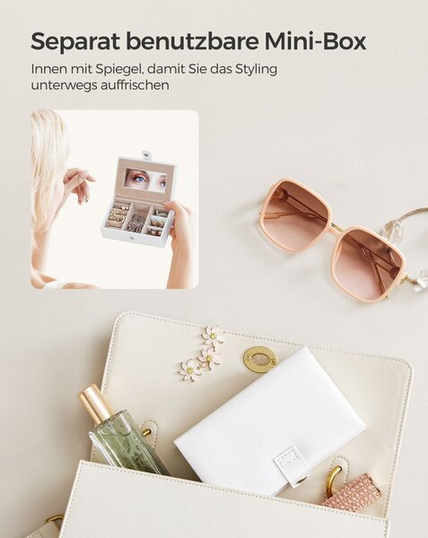 SONGMICS Elegáns Ékszertartó Doboz Tükörrel és Utazótokkal Fehér