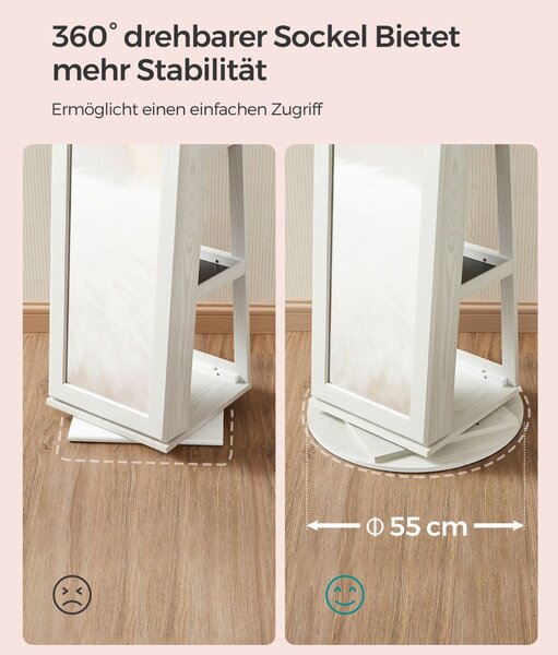 SONGMICS 360° Forgatható Ékszertároló Szekrény Tükörrel Fehér-Szürke
