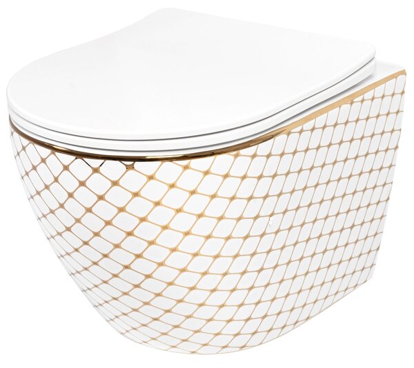 Rea Carlos Diamond - falra akasztható WC csésze Rimless 49x37, lassan eső ülőfelülettel, fehér-arany, REA-C5100