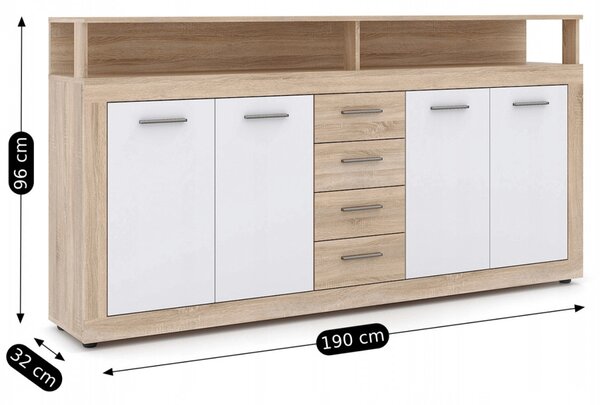 BLAGO komód 190 cm, sonoma tölgy/fehér