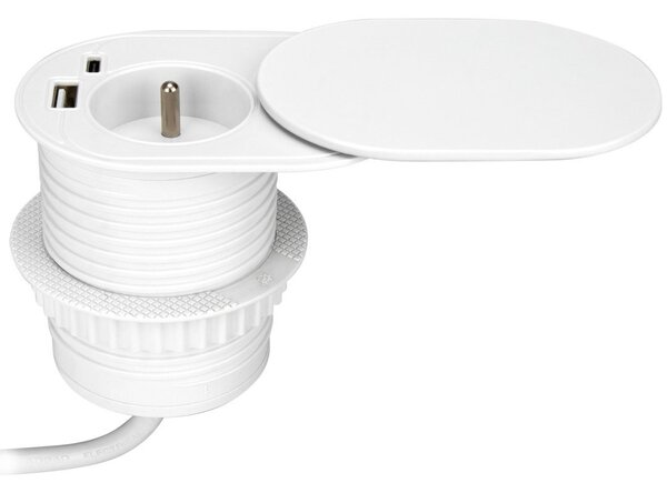 Orno Bútor Aljzat 6 cm, A Pultba Süllyesztett, Csúszófedéllel, USB Töltő és Kábel 1,9 m, 1x2P+Z Francia, 2xUSB A+C Pd20 W, Fehér
