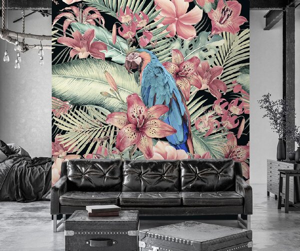 Gario Fotótapéta Parrot a rózsaszín levelek hátterében - Andrea Haase Anyag: Vlies, Méret: 100 x 100 cm
