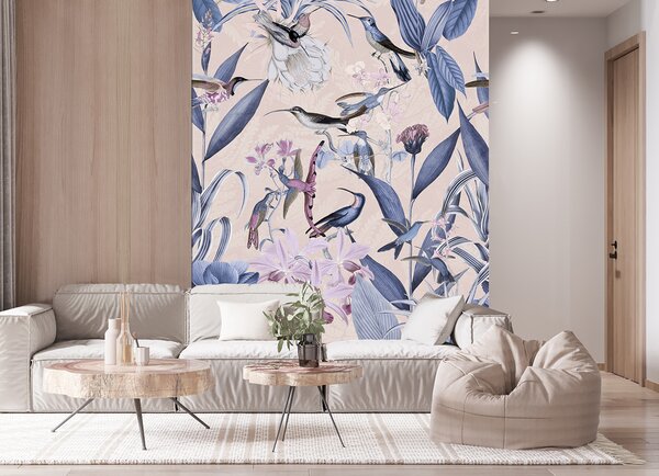 Gario Fotótapéta Kék virágok madarak természete - Andrea Haase Anyag: Vlies, Méret: 100 x 140 cm